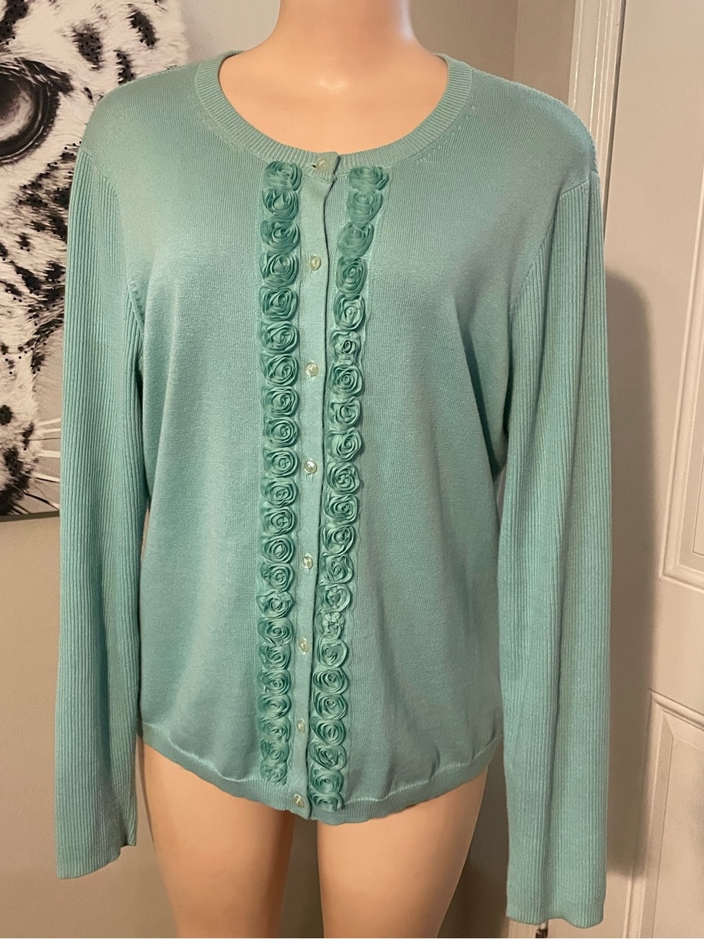 Brooks Brothers Teal Rose-Trim panels knit Cardigan Sweater Button up front soft